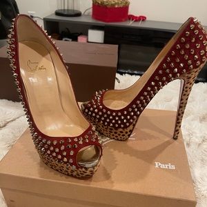 CHRISTIAN LOUBOUTIN Veau Velours Calf Hair Leopard Lady Peep Spikes VIP 150 Pump